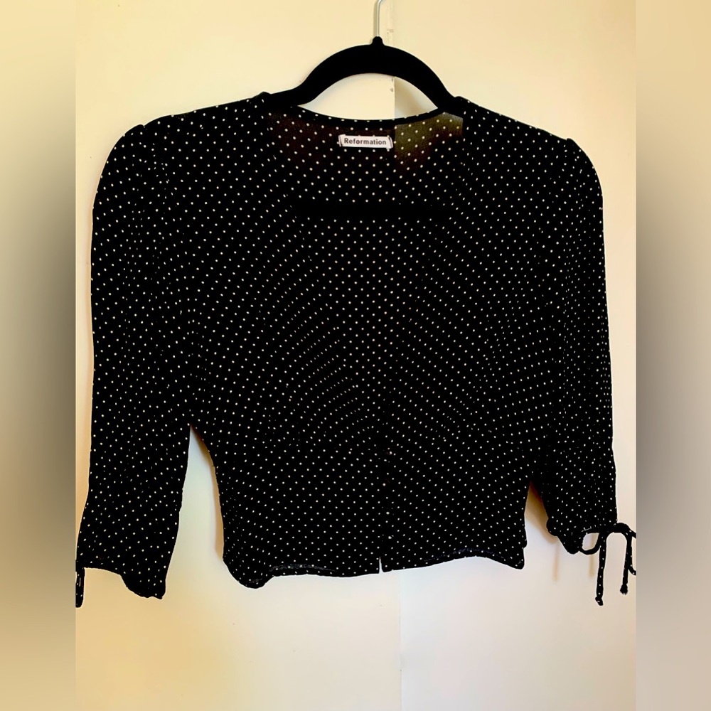 Reformation Sheer black and white polka dot Blouse with buttons size 10